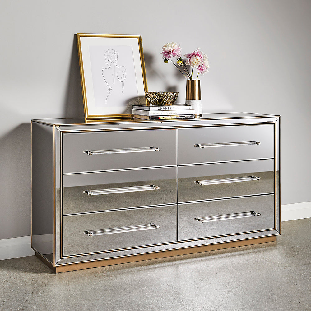 Mirrored 6 drawers chest GY-LG137-6 Antique Gold paint Frame grey mirror/soft closing rails