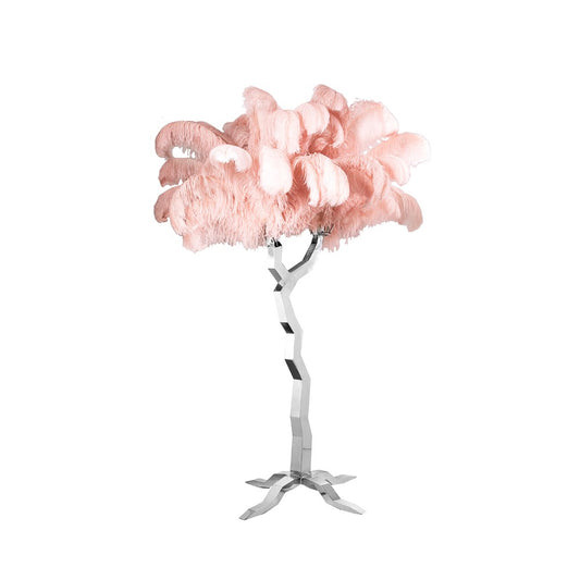 OSTRICH Tree, silver frame 87", peacock feathers