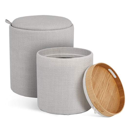 LAMBERT ROUND TRAY OTTOMAN GY-OT-459AB (SET OF 2) Light grey linen with light wood
