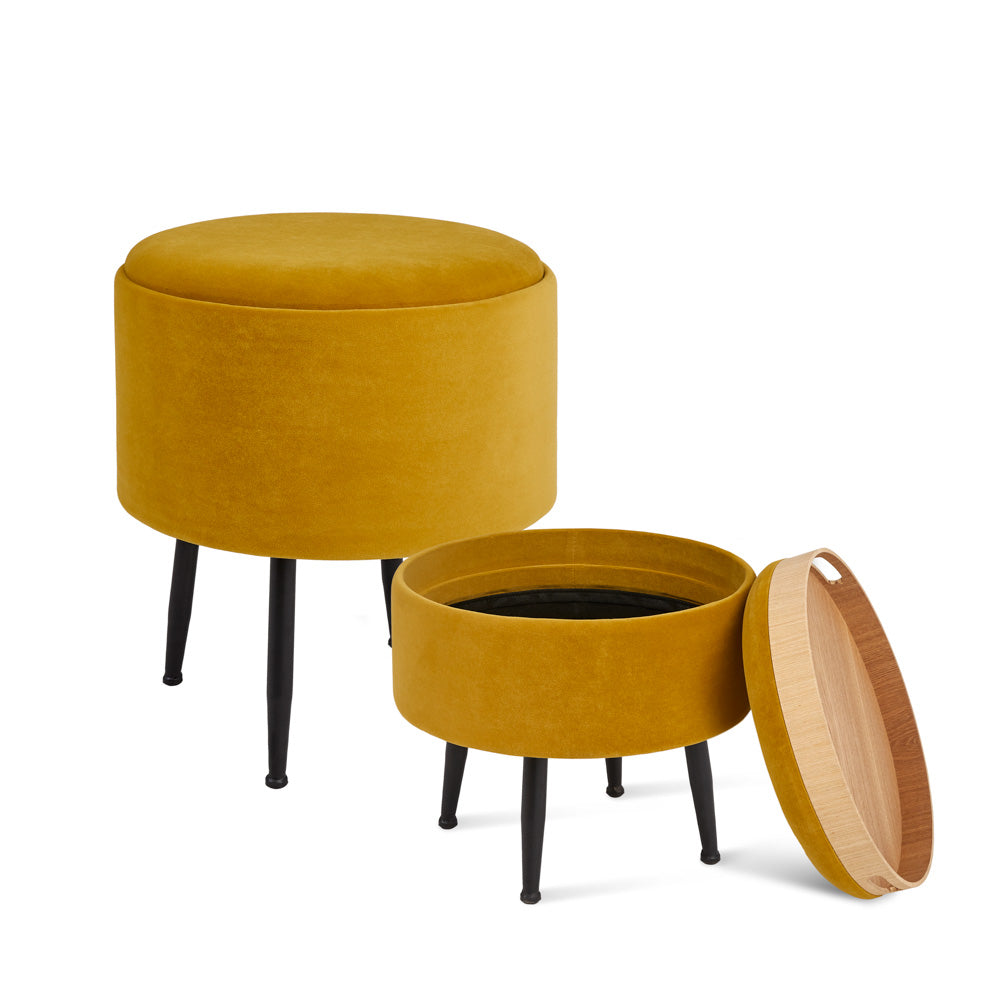 HERMAN ROUND TRAY OTTOMAN  GY-OT-290AB (SET OF 2) OCHRE YELLOW WITH BLACK METAL LEGS