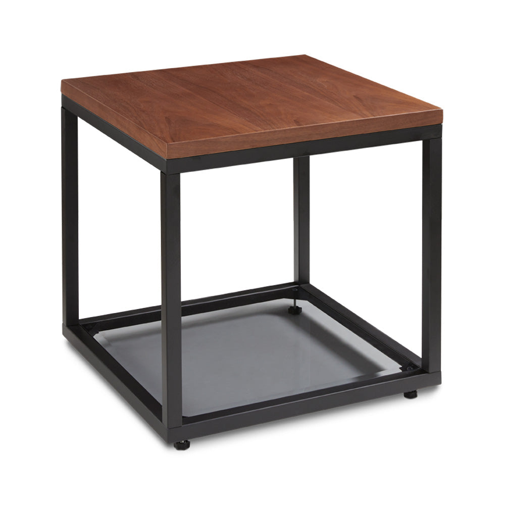 CLIFFORD End Table Walnut veneer top Grey bottom shelf WOOD TOP BLACK FRAME