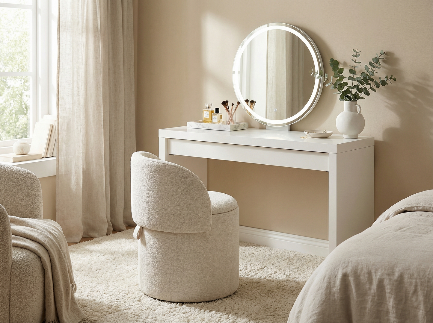 17" JULLIEN Storage Vanity Chair with swivel GY-OT-88186 Ivory Nubby Linen fabric